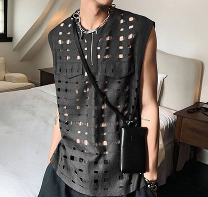 Men Tank Tops Hollow Out Zipper O-neck Sleeveless Streetwear Sexy Casual Vests Korean Fashion Men Clothing S-5XL