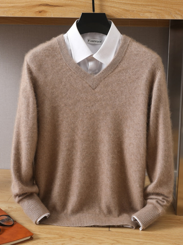 Men's 100% Mink Cashmere Sweater V-Neck Pullovers Knit Large Size Winter New Tops Long Sleeve High-End Jumpers