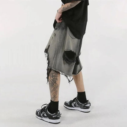 saferido High Street Loose Washed Old Ripped Shorts American Retro Shorts Summer Street Y2K Hip Hop Tassel Wide Leg Casual Denim Shorts