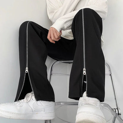saferido Zipper Black Pants Men's Loose Drape Straight Wide-leg Trousers Fashion Spring Summer Solid Color Casual All-match Casual Pants
