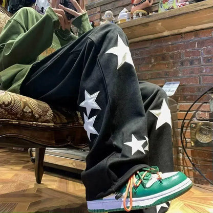 saferido Street American Vintage Print Star Casual Sports Pants Men Spring Autumn Pocket Elastic Waist Drawstring Loose Straight Trousers