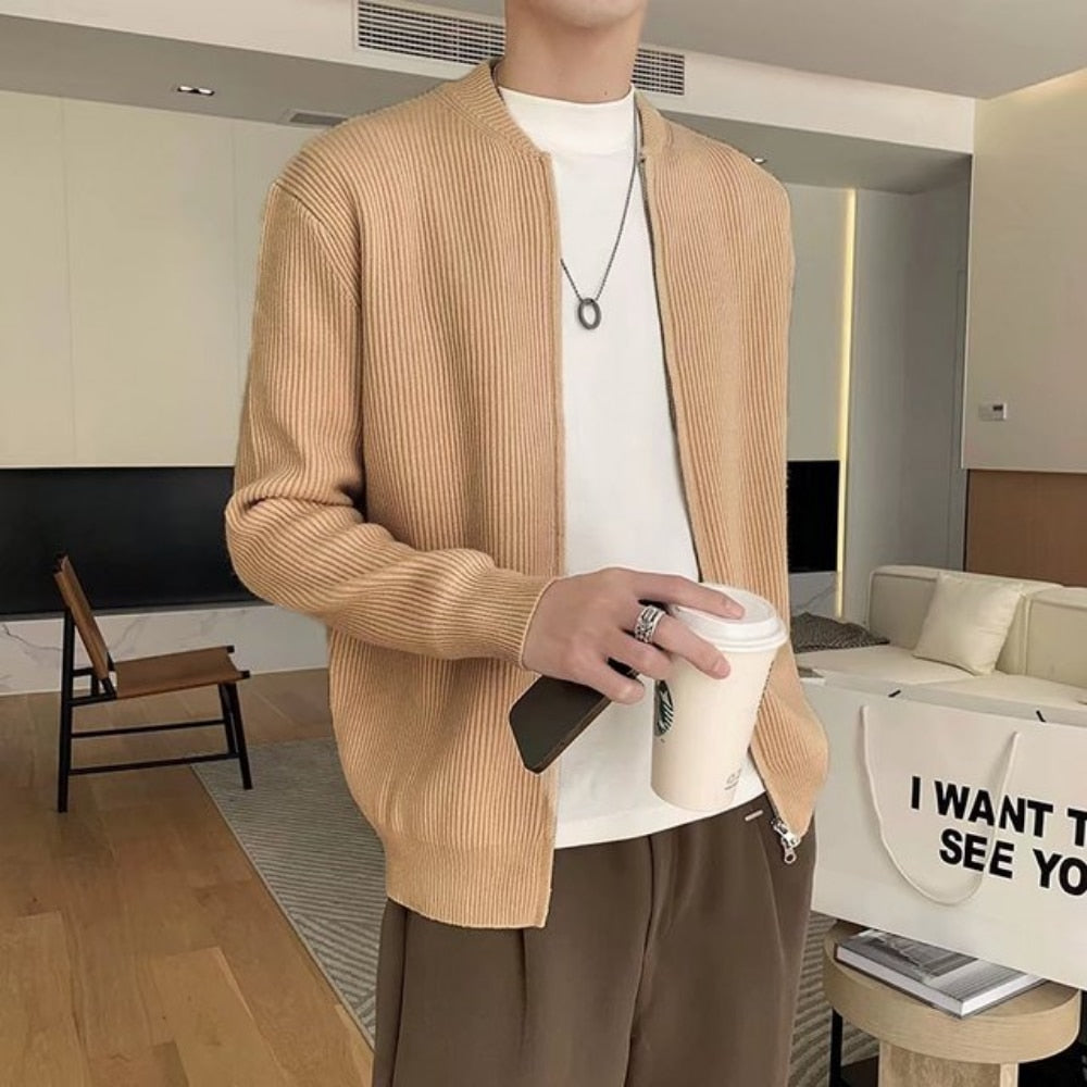 New Men's Sweaters Coat Fashion Solid Cardigan Men Knitted Sweater Jacket Loose Stand Collar Zip High Street Outwear