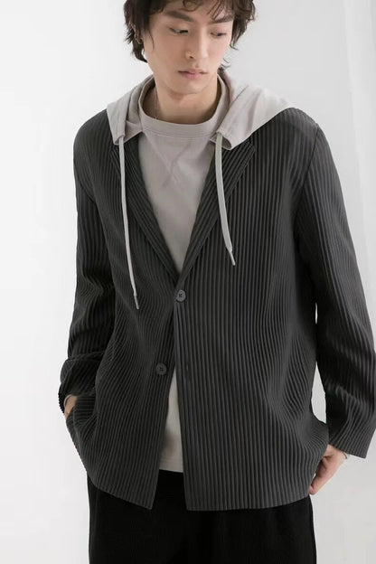 Miyake Blazer Men Pleated Black Suits For Men Stretch Fabric Slim Fit Coat High Quality Casual Japanese Style Blazers