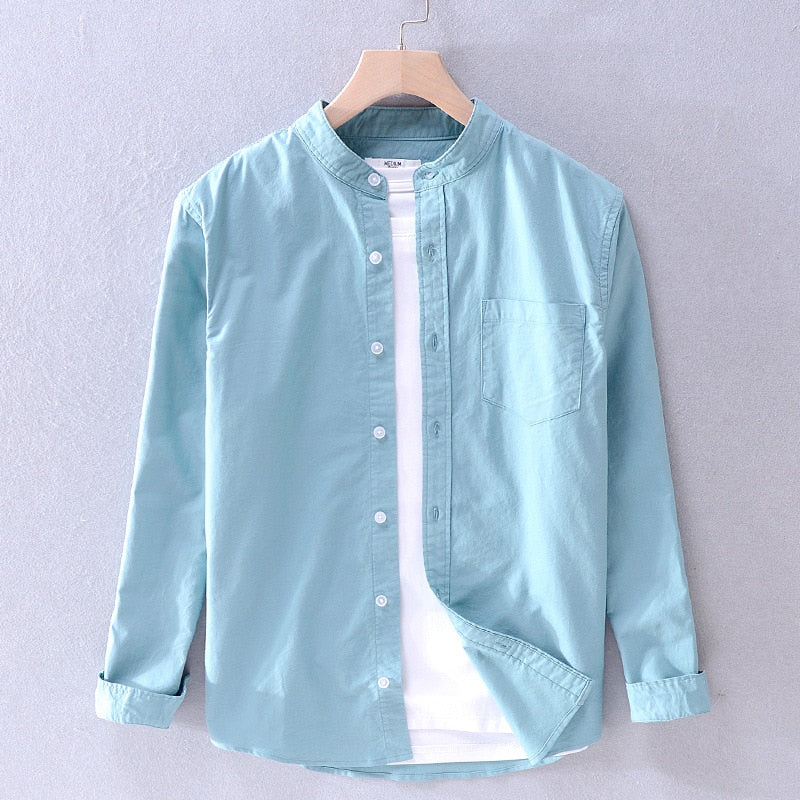 Pure Cotton Long Sleeve Shirt for Men Autumn New Yellow Stand Collar Casual Tops Male Solid Color Button Up Dress Shirt