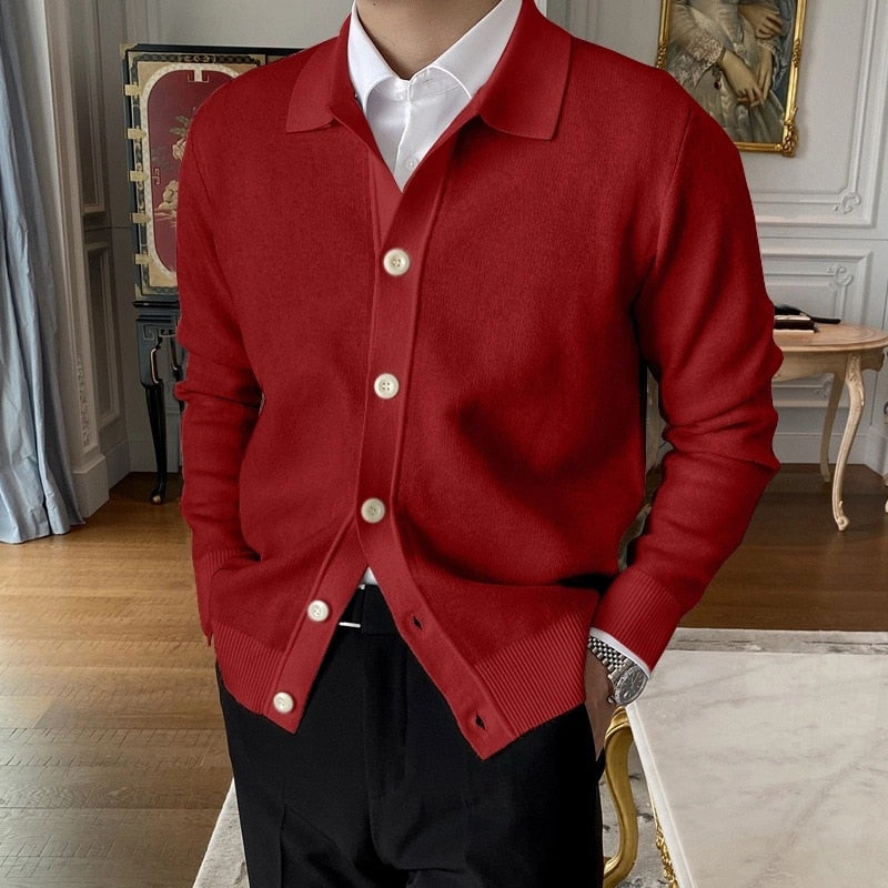 saferido       Spring  Men's Pure  Lapel Knitted Sweater  Collar Daily Casual Long Sleeve with Button Solid Korean Style Tops