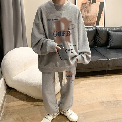 Men's Waffle Casual Suit O-neck Long Sleeve Print Letter Sweatshirts Sweatpants Autumn Tracksuit Plus Size Fashion Two Piece Set