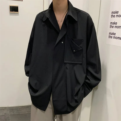 saferido Korean Streetwear Spring Color New Style Personalized Men's Suit Stand Collar Diagonal Button Long Sleeve Shirt Male