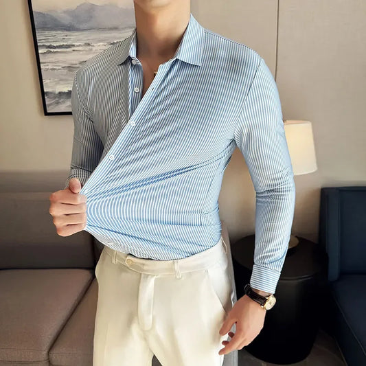 High Elasticity Men Stripe Shirt Spring British Style Anti-wrinkle High-EndSoft Solid Casual Slim Fit Long Sleeved Shirt