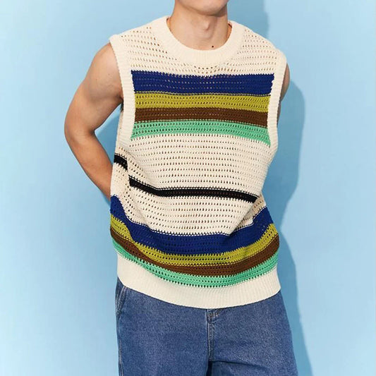 saferido Spring New Hollow Stripe Knitwear Sweater Vest 2024 Contrast Color O Neck Casual Tank Tops Korean Fashion Male Sleeveless Tees