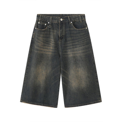 Korean Style Vintage Men's Jeans Summer Loose Male Wide Leg Knee Length Shorts New Washed Fashion Denim Trouser