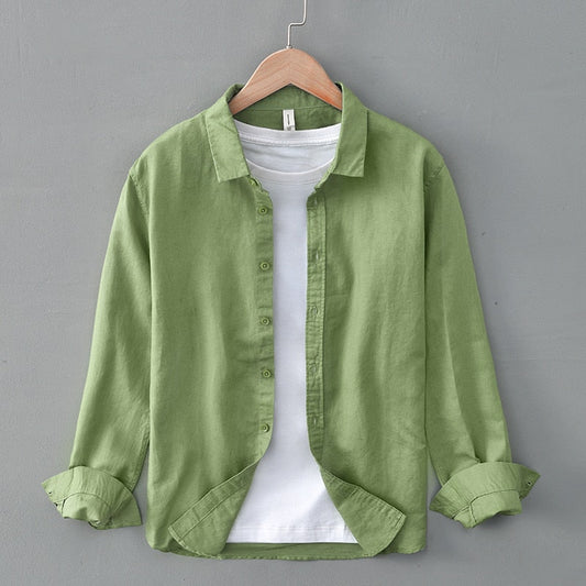 Green Cotton Linen Casual Shirts For Men Basic Classic Long Sleeve Turn-down Collar Breathable Clothing
