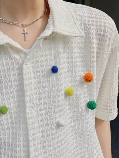 saferido Summer Men's Shirts New Chic Hollow Out Turn-down Collar High Street Youthful Popular Short Sleeve Japanese Harajuku Beach Style