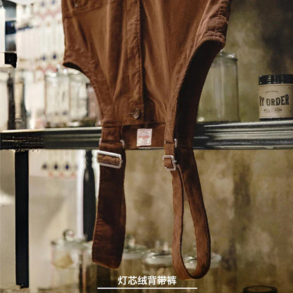 saferido Men's Autumn Winter American Vintage Corduroy Backband Pants Amekaji Loose Straight Strap Jumpsuit