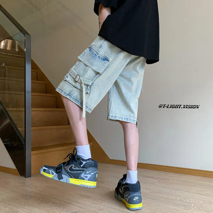 saferido American Retro Tooling Denim Shorts  Summer Fashion Design Big Pocket Splicing Wide-leg Cropped Pants Large Size Shorts 4XL 5XL