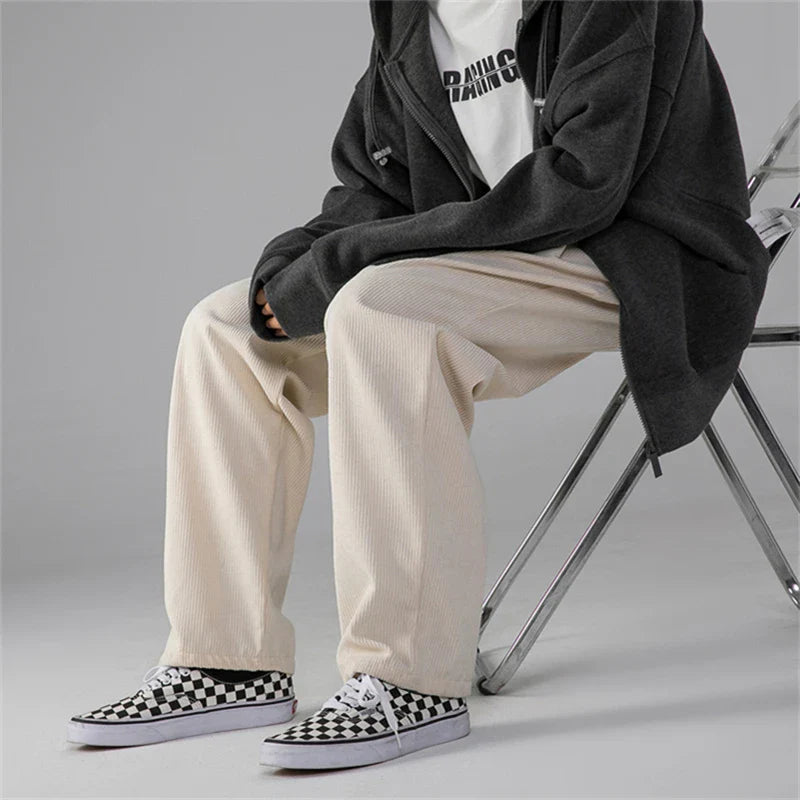 saferido Men's Corduroy Pants Trendy Brand Loose Straight Pants Korean Wide Leg Pants Couple Style Home Casual Pants Beige Black Brown