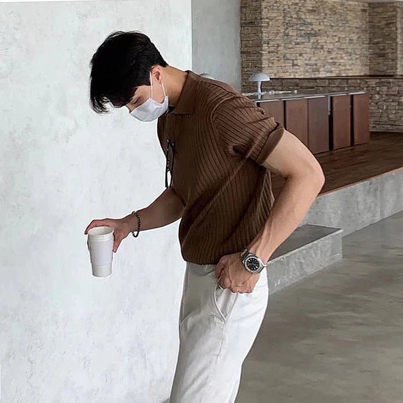 Men's Clothing Luxury Knitted Polo Shirt Casual Striped Button Down Solid Color Short Sleeve Tees Breathable New Knitwear