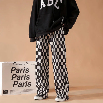 saferido Casual Straight Wide Leg Pants Men High Street Trend Mopping Pants Loose Overalls Contrast Color Plaid Printed Trousers Spring