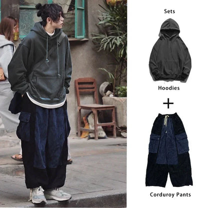 saferido Men's Sets Corduroy Cargo Pants for Men Loose Men's Hoodies Sweatshirt Black Japanese Streetwear Hip Hop Harajuku Autumn