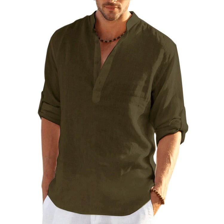 Men's Linen Long Sleeve Shirt Solid Color Casual  Long Sleeve Cotton Linen Shirt Tops  Hemp Shirt