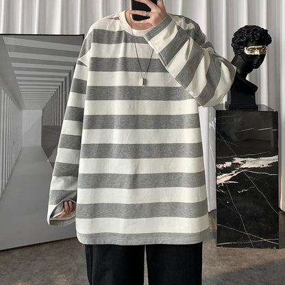 saferido Spring Mens Stripe Tops Tees Harajuku Long Sleeve T Shirts Casual High Quality Unisex Tshirt