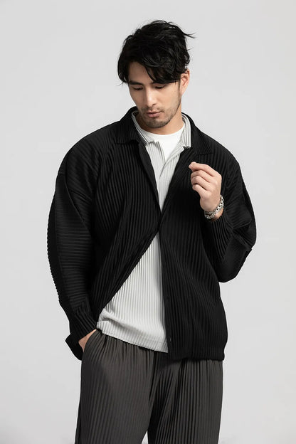 Lapel Shirt Black Pleated Long Sleeve T Shirt For Men Casual Coat Japanese Streetwear Men Cardigan Button Up Shirt
