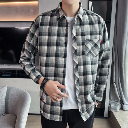 saferido Button Turn-down Collar Sven Simplicity Pockets Handsome Lattice Shirts Loose Men's Clothing Fashion Casual Spring Summer Thin