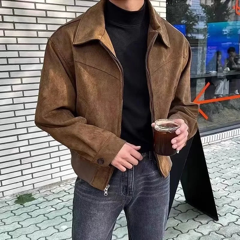 saferido 2024 Elegant Solid Brown Coat Men Spring Autumn High-End Loose Lapel New Zipper Short Jacket Vintage Streetwear Bomber Jacket