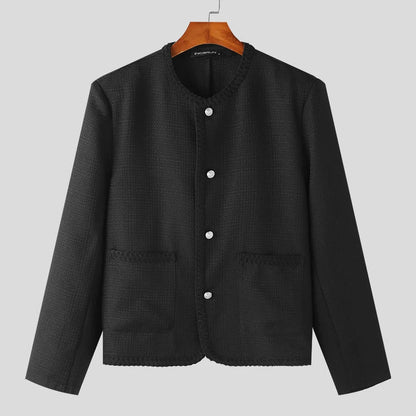 Tops Korean Style New Men's Woven Texture Shirts Casual Streetwear Male Solid Collarless Long Sleeved Blouse S-5XL