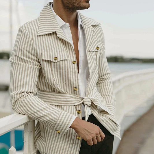 saferido Mens Casual Streetwear Striped Long-sleeved Shirt 2024 Spring Summer New Fashion Button Pocket Lace-up Mid-length Shirt for Men