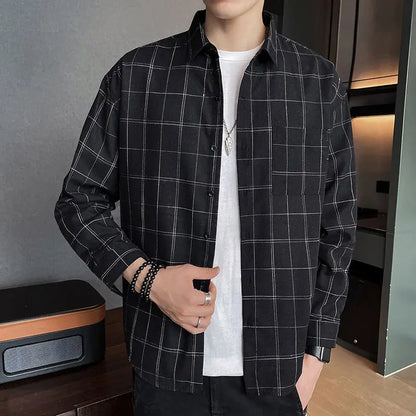 saferido Button Turn-down Collar Sven Simplicity Pockets Handsome Lattice Shirts Loose Men's Clothing Fashion Casual Spring Summer Thin
