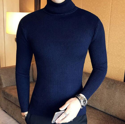 Korean Slim Solid Color Turtleneck Sweater Mens Winter Long Sleeve Warm Knit Sweater Classic Solid Casual Bottoming Shirt