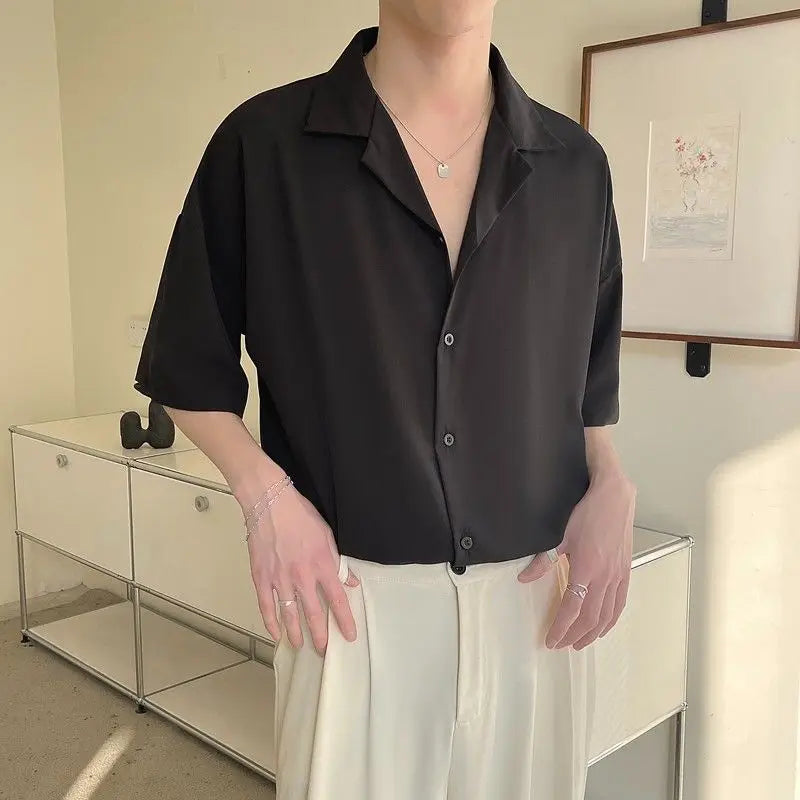 Korean Fashion Men Cuban Collar Short Sleeve Shirt Men Summer Solid Color Business Casual Loose Drape White Dress Shirt