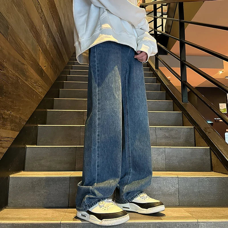 saferido Black/Blue Spring New Straight Jeans Men Women Wide Leg Denim Skateboard Trousers Fashion Boyfriend Pants Male