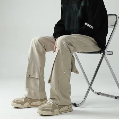 saferido Spring Autumn Vintage Harajuku Solid Pants Men Loose Fashion Trousers Y2K Pockets Patchwork Ropa Hombre All Match Male Clothes