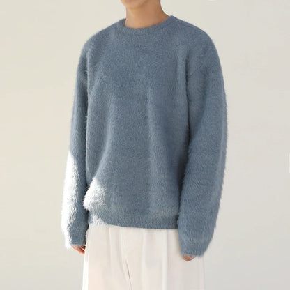 Autumn Winter Round Collar Mohair Sweater Loose Korean Style Vintage Kintted Sweater Pullover Men Clothing