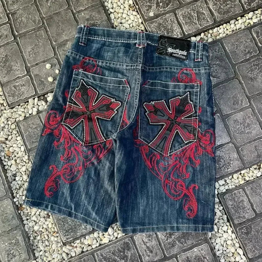 saferido Summer New Y2K Denim Shorts Big Pattern Design Baggy Jeans Shorts Men's Vintage Punk Fashion Loose Casual Versatile Shorts