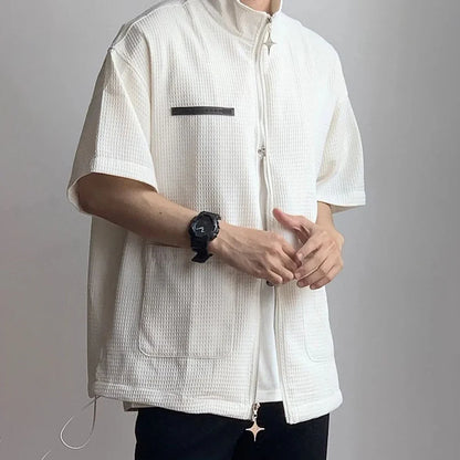 saferido Spring Summer Solid Waffle Shirt Men Zipper Shirts Trend Stand Collar Short Sleeve Tops Unisex Man Shirts Oversized Streetwear F