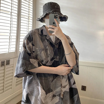 saferido Summer Men's Classic Beautiful Print Short Sleeve Shirts American Retro Style Loose Shirts Popular Grey/brown Shirts