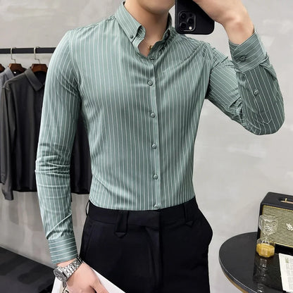 Striped Shirt Mens Spring New British Style Business Casual Long Sleeve Iron-Free Anti-Wrinkle Dress Shirt Mens Clothing