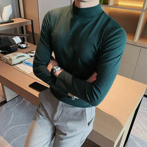 saferido  Brand Clothing Men Spring High Quality Turtleneck Pullover T-Shirts/Male Slim Fit Sequins Decoration Long Sleeve T-Shirts
