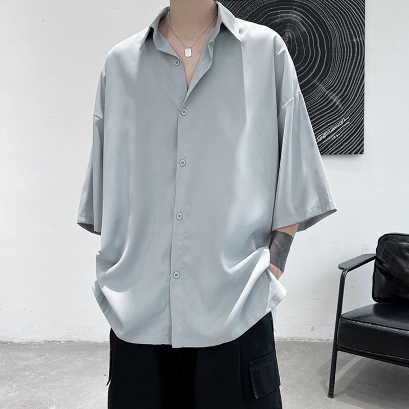 Half Sleeve Men Solid Shirts Summer Casual Oversize Blouses White Fashion Male Cardigan Vintage Korean Clothing