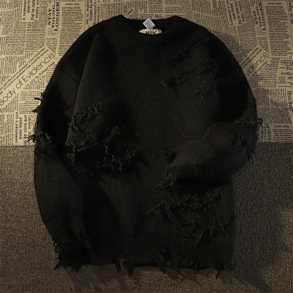 Autumnand y2k Streetwear Men New Retro Hole Fringed Sweater Loose Versatile Sweater For Men And Women Long Sleeve Sweater