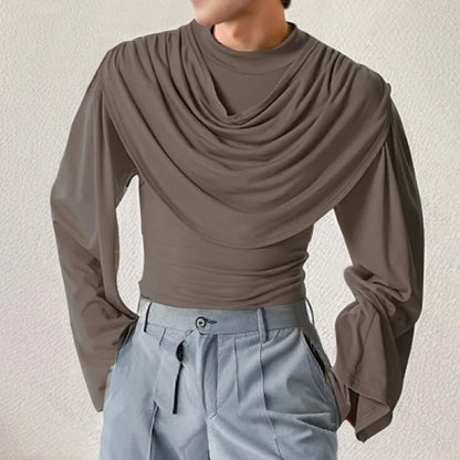 saferido American Style New Men's Layered Design Swing Collar T Shirts Retro Streetwear Leisure Solid Long Sleeved Irregular Blouse S-2XL