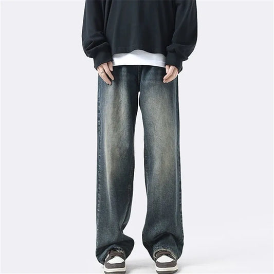 saferido Spring and Autumn Jeans Men's Clothing Vintage Wash Straight Pants Solid Color Button Pocket Loose Trousers A049