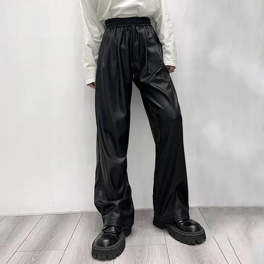 saferido Casual Drawstring PU Leather Long Pants Men Trousers Spring Fall  Loose Y2k Elastic Waist Straight Wide Leg Faux Leather Pants