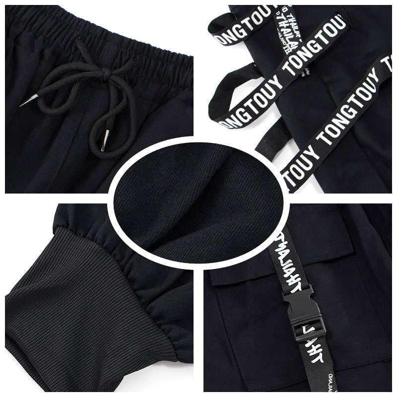 Black Cargo Pants Men Joggers Cargo Trousers for Men Jogging Japanese Streetwear Hip Hop Hippie Techwear Gothic Ribbon