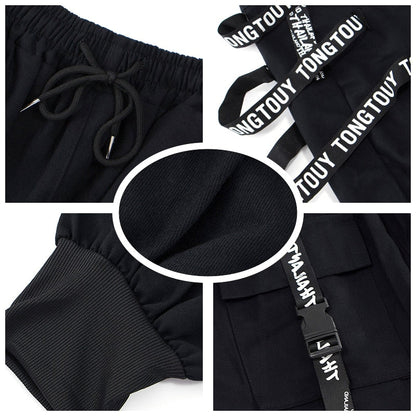 Black Cargo Pants Men Joggers Cargo Trousers for Men Jogging Japanese Streetwear Hip Hop Hippie Techwear Gothic Ribbon