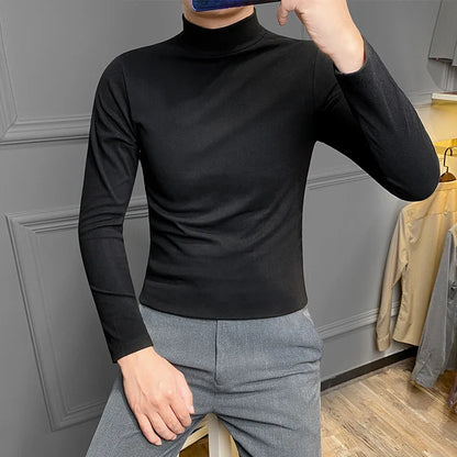 saferido Casual Men High Quality Spring and Autumn Solid Color Half A Turtleneck Long Sleeve Slim Base Shirt Men's Double-Faced Pile