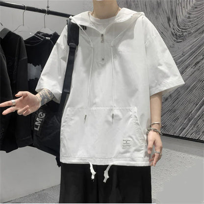 saferido Men's Summer Hoodies Casual T-shirt Solid Color Harajuku Style Hooded Tshirts Male Loose Pullovers