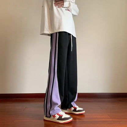 saferido Japanese Retro Casual Pants Men's Fitting Straight Leg Pants College Style Wide Striped Patchwork Drawstring Sweatpants Autumn